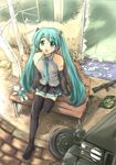  :x amputee aqua_hair bench bullet bunny ground_vehicle gun hatsune_miku jeep long_hair motor_vehicle ruins sitting solo stuffed_toy thighhighs vocaloid weapon zekkyon 