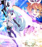  bad_id bad_pixiv_id crazy_eyes gun hatsune_miku kagamine_rin kusobaka long_hair megaphone multiple_girls necktie short_hair teeth thighhighs twintails very_long_hair vocaloid weapon 