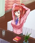  adjusting_hair arms_up athrun1120 bad_id bad_pixiv_id bed book cup erza_scarlet fairy_tail hairdressing mouth_hold plant ponytail red_eyes red_hair solo 