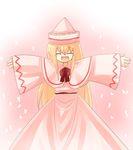  :d ^_^ ^o^ bad_id bad_pixiv_id blonde_hair blush bow bowtie closed_eyes cowboy_shot dress hat lily_white long_hair long_sleeves open_mouth outstretched_arms pink_background pink_dress red_bow red_neckwear simple_background smile solo spread_arms tate_eboshi touhou very_long_hair yuzuki_(yuduame) 