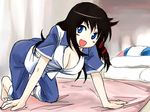  all_fours barefoot bed black_hair blue_eyes breasts cleavage happy large_breasts michael os-tan pajamas solo xp-tan 