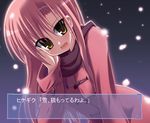  blush coat fake_screenshot hayate_no_gotoku! hoppege katsura_hinagiku long_hair open_mouth pink_hair smile snow solo translated visual_novel yellow_eyes 