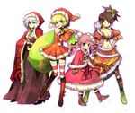  4girls bag black_hair blonde_hair boots christmas colette_brunel collet_brunel drill_hair fur_trim green_shoes hat mittens multiple_girls patterned_legwear pink_hair presea_combatir raine_sage red_shoes refill_sage santa_hat sheena_fujibayashi shoes star tales_of_(series) tales_of_symphonia thighhighs white_hair wink 
