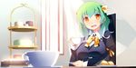  :d akinoko game_cg gradient_hair green_hair highres kaminoyu koushina_ayano multicolored_hair non-web_source open_mouth orange_eyes ribbon smile tea 