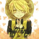  androgynous black_shirt blonde_hair closed_mouth hands_clasped happy_birthday hat kinomukumama long_sleeves own_hands_together pokemon pokemon_special reverse_trap shirt smile solo straw_hat vest yellow_(pokemon) yellow_eyes yellow_vest 