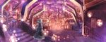  arch bag cityscape cloud cloudy_sky commentary_request dress evening fantasy highres looking_at_viewer looking_back original purple_sky railing sakimori_(hououbds) scenery short_hair shoulder_bag silver_hair sky solo stairs standing tower twilight 