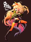  alternate_hairstyle bad_id bad_pixiv_id blonde_hair blue_eyes boots bow character_name earrings full_body gun hair_bow hair_ribbon instrument jewelry long_hair midriff multicolored_hair navel open_mouth orange_legwear pink_hair ponytail purple_hair ribbon rifle seeu shorts simple_background solo thighhighs very_long_hair vkekrdhs vocaloid weapon weaponized_instrument 