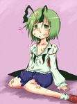  antennae arm_support aruse_yuushi blush cape green_eyes green_hair honey short_hair sitting solo tears touhou trembling wariza wriggle_nightbug 