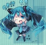  2012 bad_id bad_pixiv_id blue_eyes blue_hair chibi_miku dated detached_sleeves fang hatsune_miku lined_paper long_hair mihatarou necktie one_eye_closed skirt sleeves_past_wrists solo star thighhighs twintails vocaloid 