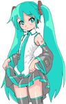  detached_sleeves green_eyes green_hair hatsune_miku headset koyopi long_hair necktie one_eye_closed simple_background sketch skirt skirt_hold solo thighhighs twintails very_long_hair vocaloid white_background 