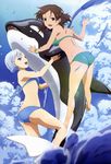  absurdres animal ass bikini blue_bikini blue_hair brown_hair cloud day fin_e_ld_si_laffinty green_bikini highres kutsuzawa_youko kyouno_madoka legs multiple_girls non-web_source nyantype official_art open_mouth orca outdoors purple_eyes rinne_no_lagrange scan short_hair sky swimsuit water 