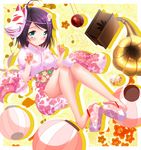  ahoge aqua_eyes araragi_tsukihi bad_id bad_pixiv_id blush candy_apple feet floral_print food fox_mask japanese_clothes kimono lantern long_legs mask monogatari_(series) nisemonogatari phonograph purple_hair sandals short_hair solo swordsouls toes 