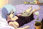  absurdres barefoot bed blue_hair book breasts character_doll chibi cleavage feet flower henriette_mystere highres large_breasts latin legs lying non-web_source nyantype official_art on_back on_bed rose scan short_hair sideboob solo tantei_opera_milky_holmes torii_takashi white_flower white_rose 