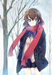  bow brown_eyes brown_hair cardigan coat day hands_in_pockets inato_serere looking_at_viewer nature original pleated_skirt red_scarf scarf school_uniform short_hair skirt sky smile snow snowing solo sweater_vest 