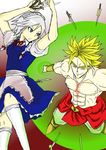  1girl apron blonde_hair blue_eyes braid broly chokobo_(fire89) dragon_ball dragon_ball_z izayoi_sakuya knife maid muscle silver_hair touhou yellow_eyes 