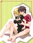  1boy 1girl beelzebub_(manga) blonde_hair blush breast_grab breasts brown_hair choker cleavage dress grabbing green_eyes hilda_(beelzebub) karoll_ann large_breasts oga_tatsumi sweat 