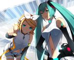  :p aqua_eyes aqua_hair belt blonde_hair center_opening elbow_gloves gloves hair_ornament hair_ribbon hairclip hatsune_miku hatsune_miku_(append) headphones kagamine_rin kagamine_rin_(append) leaning_forward long_hair looking_at_viewer multiple_girls navel necktie pointing pointing_at_viewer ribbon sakuyamochi short_hair shorts smile tongue tongue_out twintails vocaloid vocaloid_append 