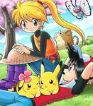  1girl black_hair blonde_hair boots butterfree chuchu_(pokemon) gen_1_pokemon green_eyes hat long_hair lying pika_(pokemon) pikachu pokemoa pokemon pokemon_(creature) pokemon_special ponytail raticate red_(pokemon) red_eyes sitting straw_hat yellow_(pokemon) 