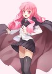  :o black_legwear cape jas_(annkoromochi) long_hair louise_francoise_le_blanc_de_la_valliere open_mouth panties pantyshot pantyshot_(standing) pentacle pink_background pink_eyes pink_hair pleated_skirt simple_background skirt solo standing thighhighs underwear wand white_background white_panties wind wind_lift zero_no_tsukaima 