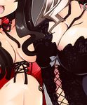  asymmetrical_docking between_breasts black_hair bow breast_press breastless_clothes breasts cleavage convenient_censoring corset flat_chest hair_censor hair_over_breasts houraisan_kaguya large_breasts long_hair multiple_girls no_bra open_mouth shirogane_(platinum) touhou white_hair yagokoro_eirin 