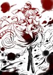  arm_ribbon boots dress dress_lift hair_ribbon inkblot kagiyama_hina looking_back monochrome pantyhose ribbon smile solo takana_shinno touhou 