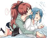  bed_sheet black_legwear blue_eyes blue_hair blush bow ear_licking foreshortening girl_on_top hair_bow hood hoodie kneehighs licking long_hair lying mahou_shoujo_madoka_magica miki_sayaka misu_kasumi multiple_girls on_stomach open_mouth ponytail red_eyes red_hair sakura_kyouko saliva sheet_grab shirt short_hair shorts skirt tongue tongue_out translated yuri 