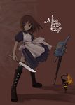  alice_(wonderland) alice_in_wonderland boots brown_hair cat cheshire_cat dress green_eyes jewelry knife matsumae_takumi necklace peace_symbol scarf torn_clothes 