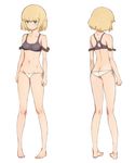  1girl ass bare_legs barefoot blonde_hair blush bow breasts cleavage frown green_eyes highres mound_of_venus navel original panties short_hair small_breasts solo tank_top tarayama underwear white_panties 