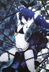  absurdres arms_behind_head belt bikini_top black_hair black_rock_shooter black_rock_shooter_(character) boots chain checkered collar flat_chest front-tie_top gloves highres huge_weapon long_hair navel non-web_source nyantype official_art scan short_shorts shorts solo straddling thighs twintails weapon white_skin 