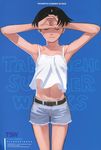  absurdres armpits arms_up black_hair camisole closed_eyes copyright_request highres midriff navel non-web_source scan short_hair shorts solo takamichi 