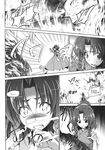  alternate_costume alternate_hairstyle aozora_market braid burning comic doujinshi fire greyscale hair_bun highres hong_meiling monochrome no_hat no_headwear scan surprised touhou translated twin_braids 