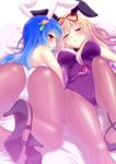  ass blonde_hair blue_hair blush breasts bunny_girl bunnysuit fishnet_pantyhose fishnets hair_ornament hair_ribbon high_heels hinanawi_tenshi large_breasts long_hair looking_back multiple_girls pantyhose purple_eyes red_eyes ribbon saki_chisuzu shoes touhou yakumo_yukari 