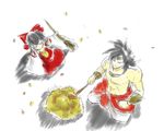  1girl black_hair bow broly broom chokobo_(fire89) crossover dragon_ball dragon_ball_z hair_bow hair_tubes hakurei_reimu touhou 