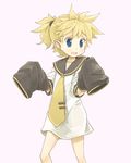  1boy ahoge blonde_hair blue_eyes blush bottomless detached_sleeves kagamine_len male male_focus moketa necktie open_mouth oversized_clothes ponytail shirt short_hair sleeves_past_wrists solo vocaloid 