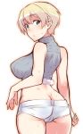  1girl adapted_costume ass bangs blue_shirt blush brave_witches butt_crack closed_mouth commentary cowboy_shot crop_top em eyebrows_visible_through_hair from_behind frown looking_at_viewer looking_back micro_shorts nikka_edvardine_katajainen shirt short_hair shorts simple_background sleeveless sleeveless_shirt solo standing sweat turtleneck white_background white_shorts world_witches_series 
