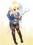  ahoge blonde_hair boots final_fantasy final_fantasy_tactics full_body gloves highres kiriyama_machi male_focus mouth_hold otoko_no_ko pantyhose ponytail ramza_beoulve red_eyes solo staff string 