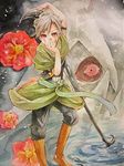  1boy 323emaki boots flower grey_hair isobu_(naruto) male male_focus naruto naruto_shippuuden purple_eyes scar short_hair solo staff standing water water_stand yagura yagura_(naruto) 