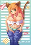  1girl animal_ears bandeau bikini breasts cat_ears cat_tail curvy female gradient_hair green_eyes highres hips huge_breasts lion_tail multicolored_hair navel orange_hair pants pink_hair solo standing swimsuit tail umigaras umigarasu_(magipro) undressing wide_hips 