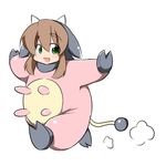  1girl animal_costume breasts brown_hair chibi cow cow_costume female green_eyes happy horns kaz_(shade) looking_at_viewer makihara_nodoka miltank open_mouth original running simple_background smile solo white_background young younger 