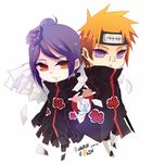  1boy 1girl akatsuki_(naruto) chibi flower hair_flower hair_ornament j_p627 konan labret_piercing naruto naruto_shippuuden orange_eyes orange_hair pain_(naruto) paper piercing purple_hair 