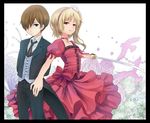  1boy 1girl bird blonde_hair blue_door brown_hair dress flower formal frown hair_flower hair_ornament hair_over_one_eye long_hair original ponytail red_dress red_eyes ribbon short_hair side_ponytail suit sword weapon 