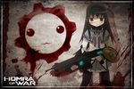  :3 against_wall akemi_homura assault_rifle bangs bayonet black_hair black_legwear blood blood_on_face chainsaw crimson_omen gears gears_of_war gun hairband jitome kuro_chairo_no_neko kyubey lancer_(weapon) long_hair mahou_shoujo_madoka_magica miniskirt no_nose pantyhose parody purple_eyes red_eyes ribbon rifle shadow shield sidelocks skirt solo spikes weapon 