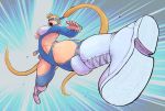  blonde_hair blue_leotard boots breasts cleavage_cutout curvy kicking large_breasts legs leotard muscle muscular_female open_mouth quasimodox rainbow_mika ribs street_fighter street_fighter_v thick_thighs thighs twintails 