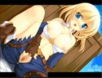  1girl animated animated_gif blonde_hair blue_eyes blush breasts censored character_name cleavage crotchless dutch_angle gif large_breasts looking_at_viewer masturbation navel nipple nipples open_mouth pussy ragnarok_online sitting solo spread_legs torn_clothes unzipped whitesmith xx-cake zipper 