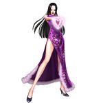  1girl 3d amazon bare_shoulders black_hair blue_eyes boa_hancock breasts china_dress chinese_clothes dress earring earrings feet full_body heart heart_hands high_heels highres jewelry legs long_hair looking_at_viewer official_art one_piece one_piece:_pirate_warriors open_mouth purple_dress qipao shichibukai shoes simple_background solo standing thighs white_background 