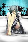  bed black_hair blue_eyes d.gray-man feet highres jigsaw_puzzle legs lenalee_lee looking_down puzzle sitting solo toes twintails 