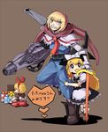  3girls alice_margatroid arm_cannon blonde_hair blue_eyes cyborg female gift grimace gun hairband hat kirisame_marisa leg_hold medicine_melancholy multiple_girls sharp_teeth simple_background skirt tears touhou weapon witch witch_hat xenonstriker young younger 