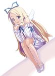  1girl blonde_hair blue_door blue_eyes bow disgaea flonne hair_bow long_hair makai_senki_disgaea mary_janes open_mouth ribbon shoes sitting smile solo very_long_hair wings 