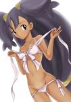  :o big_hair bikini black_hair blush breasts brown_eyes commentary_request dark_skin dutch_angle front-tie_bikini front-tie_top hair_ornament highres iris_(pokemon) kijouyu long_hair looking_at_viewer low-tied_long_hair navel nib_pen_(medium) pokemon pokemon_(game) pokemon_bw side-tie_bikini small_breasts solo swimsuit tan tanline traditional_media two_side_up undressing untied untied_bikini very_long_hair white_background white_bikini 