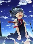  bad_id bad_pixiv_id blue_dress blue_hair blue_sky bow cirno closed_eyes cloud crying day dress hair_bow highres maki_(natoriumu) open_mouth power_lines runny_nose shirt short_hair sky snot solo tears touhou wind wings 